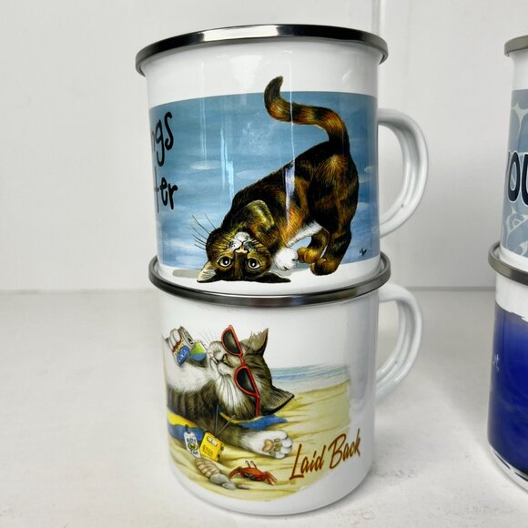 Set of 4 Cute Kittens Enamel Coffee Tea 12oz Mugs Cat Design Camping - Picture 15 of 15
